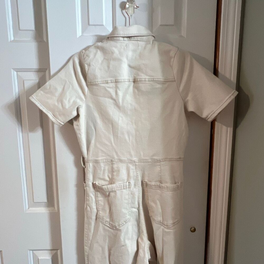 Avec Les Filles Women's Cream Cotton Straight Leg Denim Utility Jumpsuit Size 30 - Picture 3 of 8